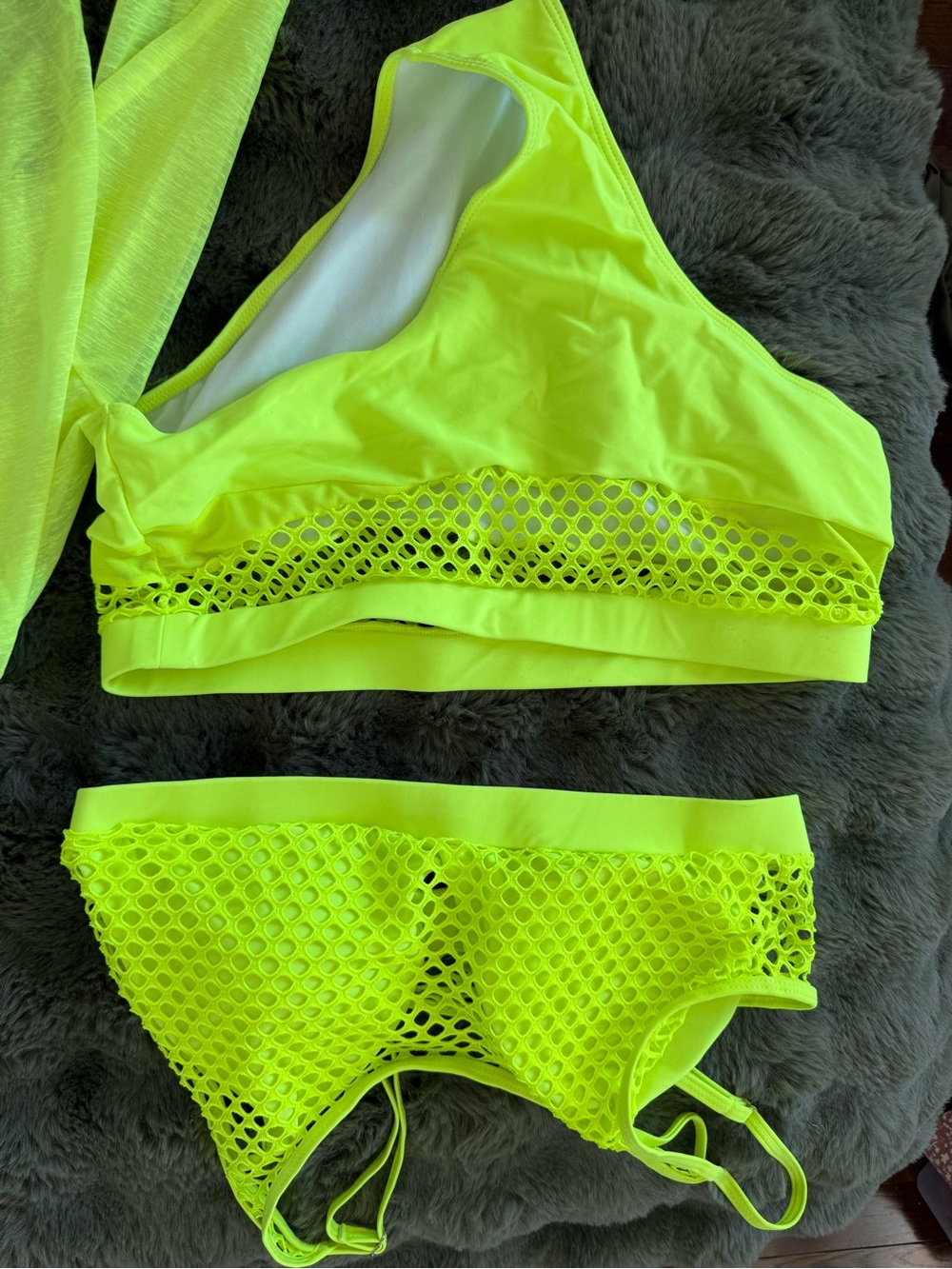 Neon Yellow Green Mesh XL Bikini Set with Sheer Oversized Large Cover-Up Shirt - Picture 2 of 6